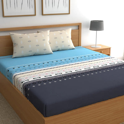 Blue Arrow Cotton Blend Super King Bedsheet with 2 Pillow Covers (108x108 inches)
