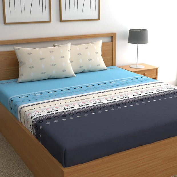 Blue Arrow Cotton Blend Super King Bedsheet with 2 Pillow Covers (108x108 inches)