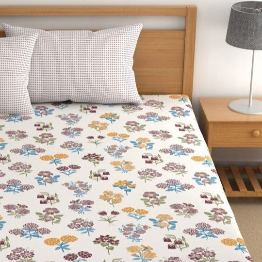Bunch Floral Cotton Blend Elastic Fitted King Bedsheet