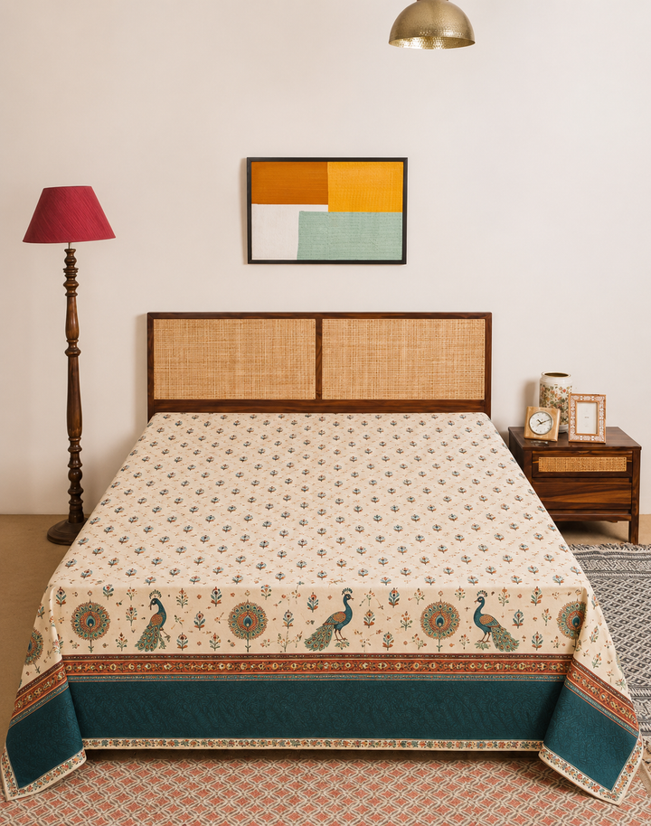 Teal Peacock Feather Heritage Loom bedsheet set