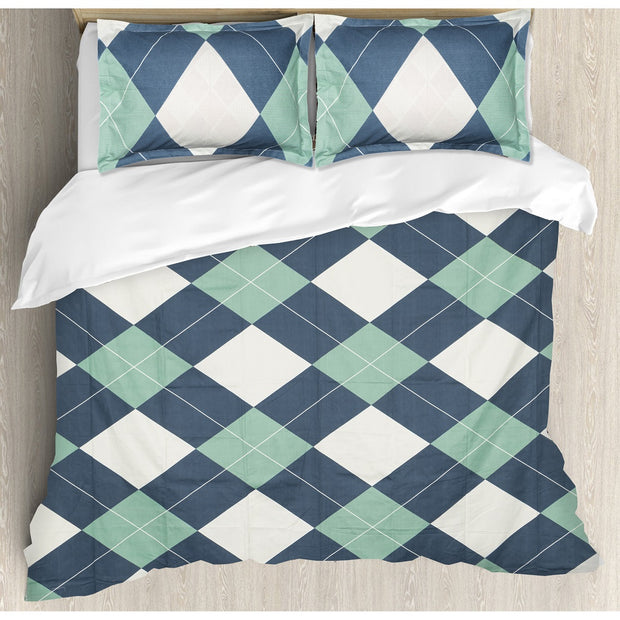 Aqua Blue Diagonal Cotton Blend Elastic Fitted Queen Bedsheet