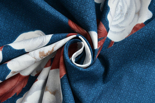 Navy Blue Floral Cotton Blend Elastic Fitted King Bedsheet
