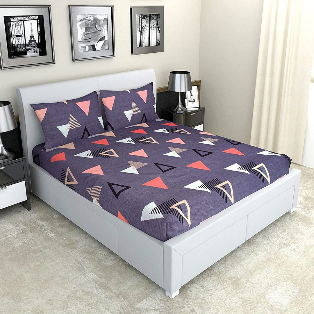 Navy Blue Geometric Cotton Blend Elastic Fitted King Bedsheet
