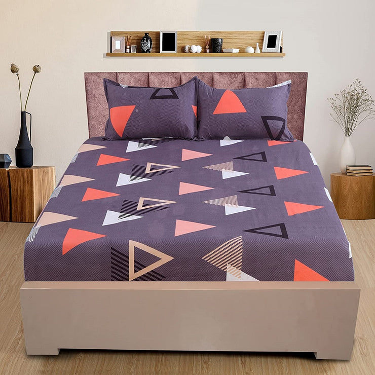 Navy Blue Geometric Cotton Blend Elastic Fitted King Bedsheet