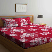Red Floral Cotton Blend Elastic Fitted King Bedsheet