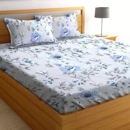 Blue Floral Cotton Blend Elastic Fitted King Bedsheet