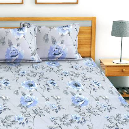 Blue Floral Cotton Blend Elastic Fitted King Bedsheet