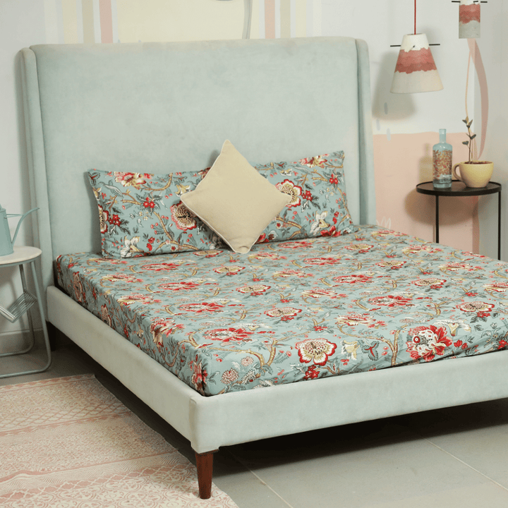 Tropical All Over Printed Cotton Elastic King Size Bedsheet - Aqua Green