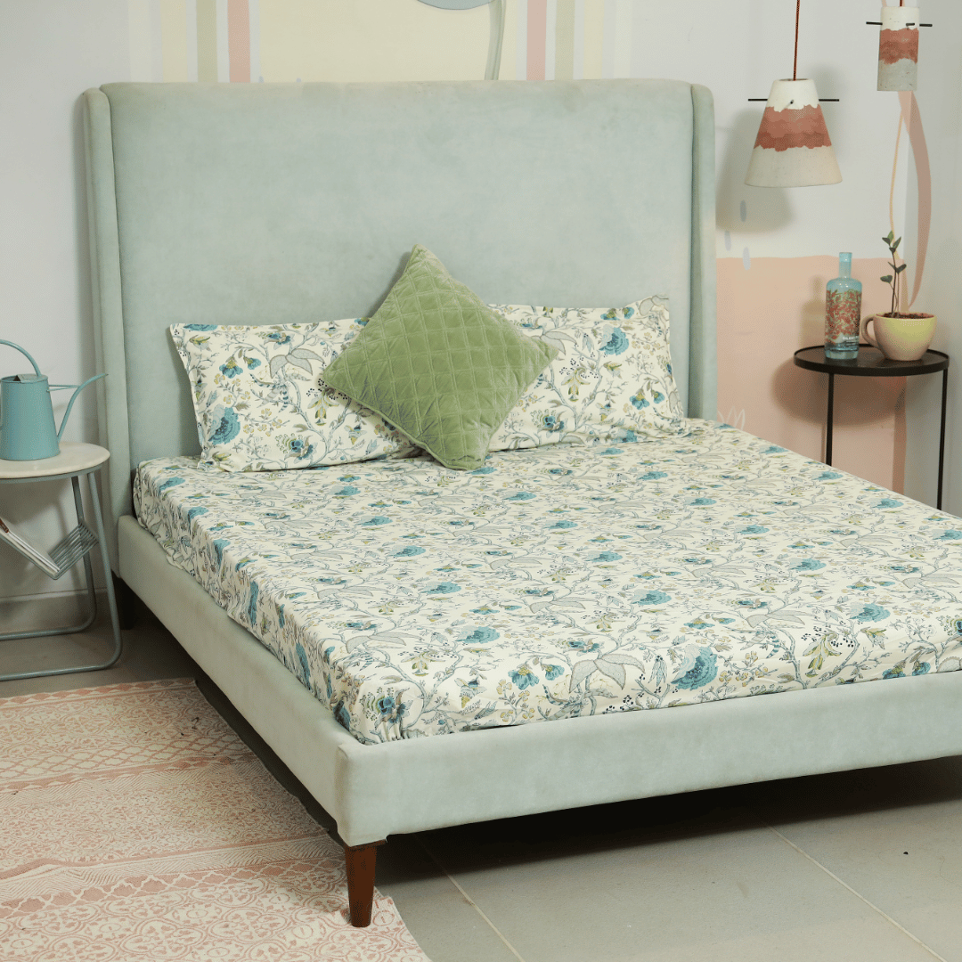 Tropical All Over Printed Cotton Elastic King Size Bedsheet - Sky Blue