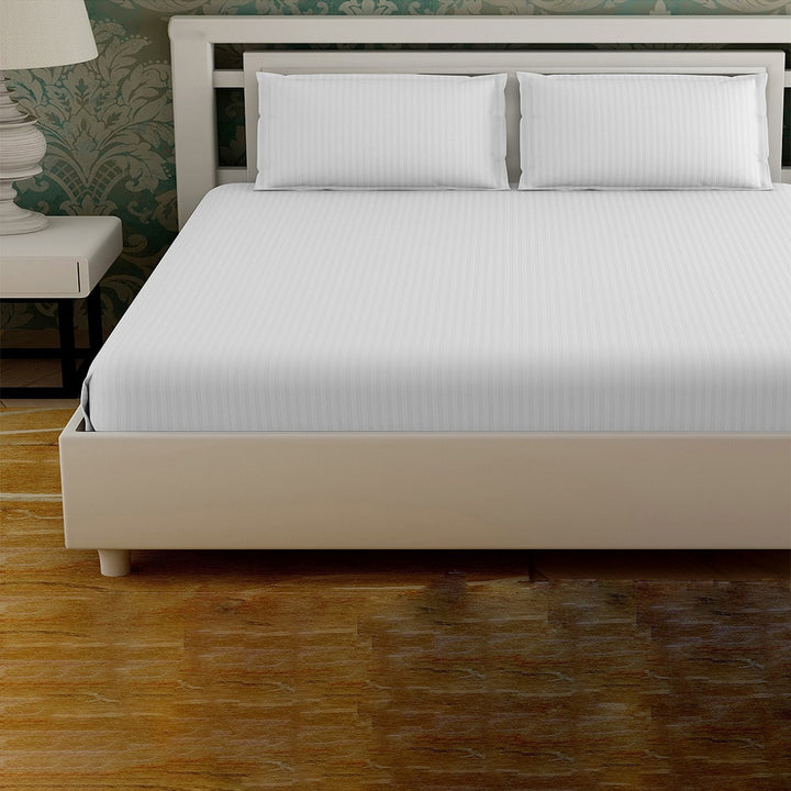 White Stripes Cotton Blend Elastic Fitted King Bedsheet