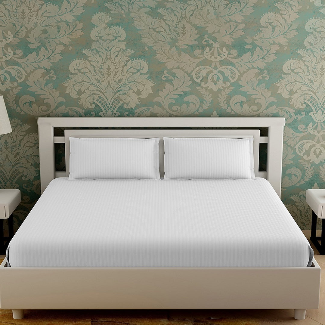White Stripes Cotton Blend Elastic Fitted King Bedsheet