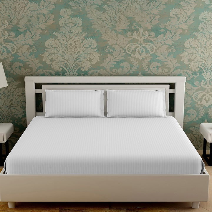 White Stripes Cotton Blend Elastic Fitted King Bedsheet