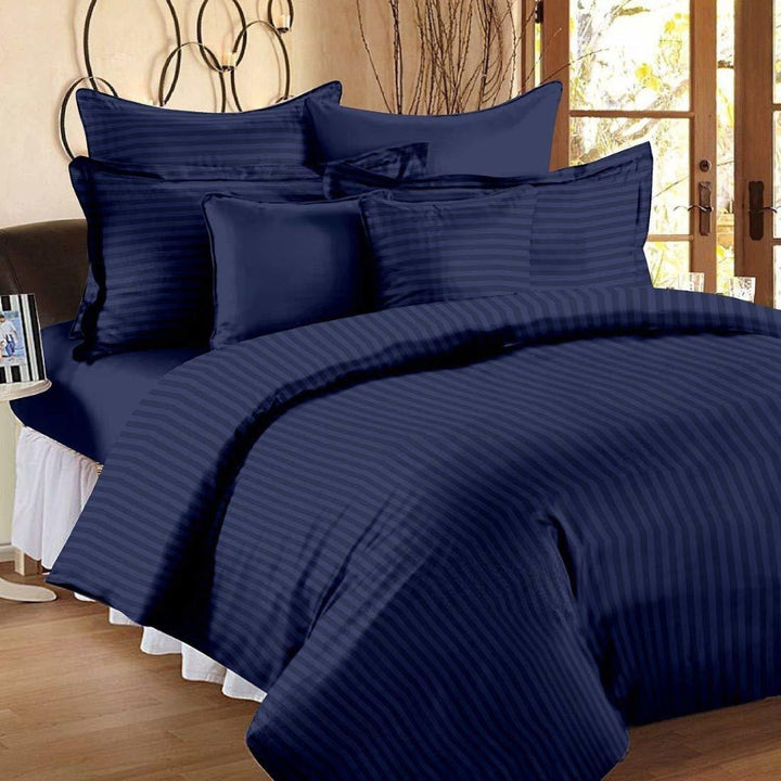 Deep Blue Stripes Elastic Fitted Cotton Blend King Bedsheet