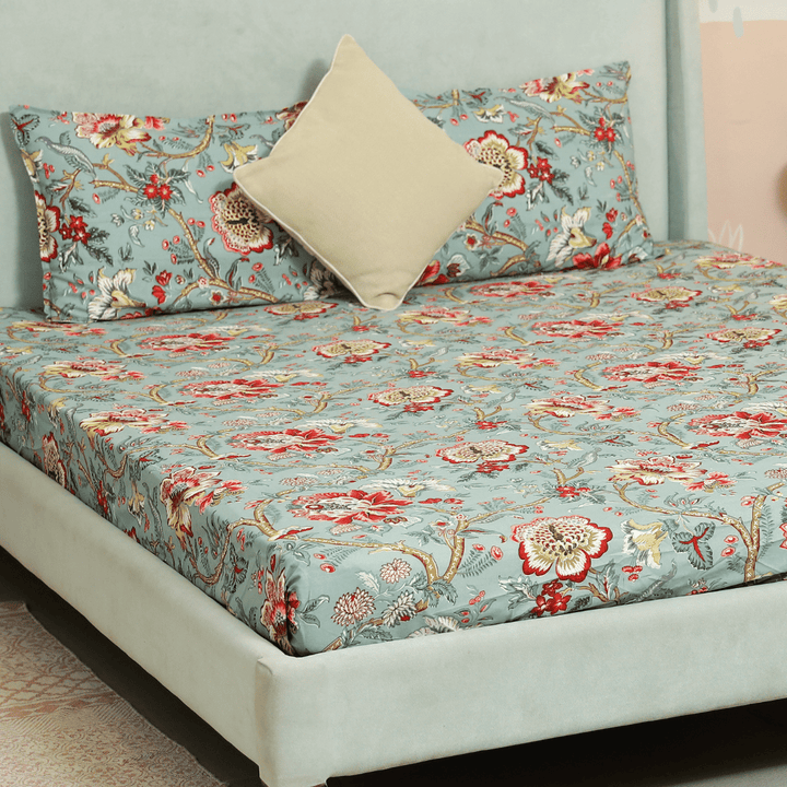 Tropical All Over Printed Cotton Elastic King Size Bedsheet - Aqua Green