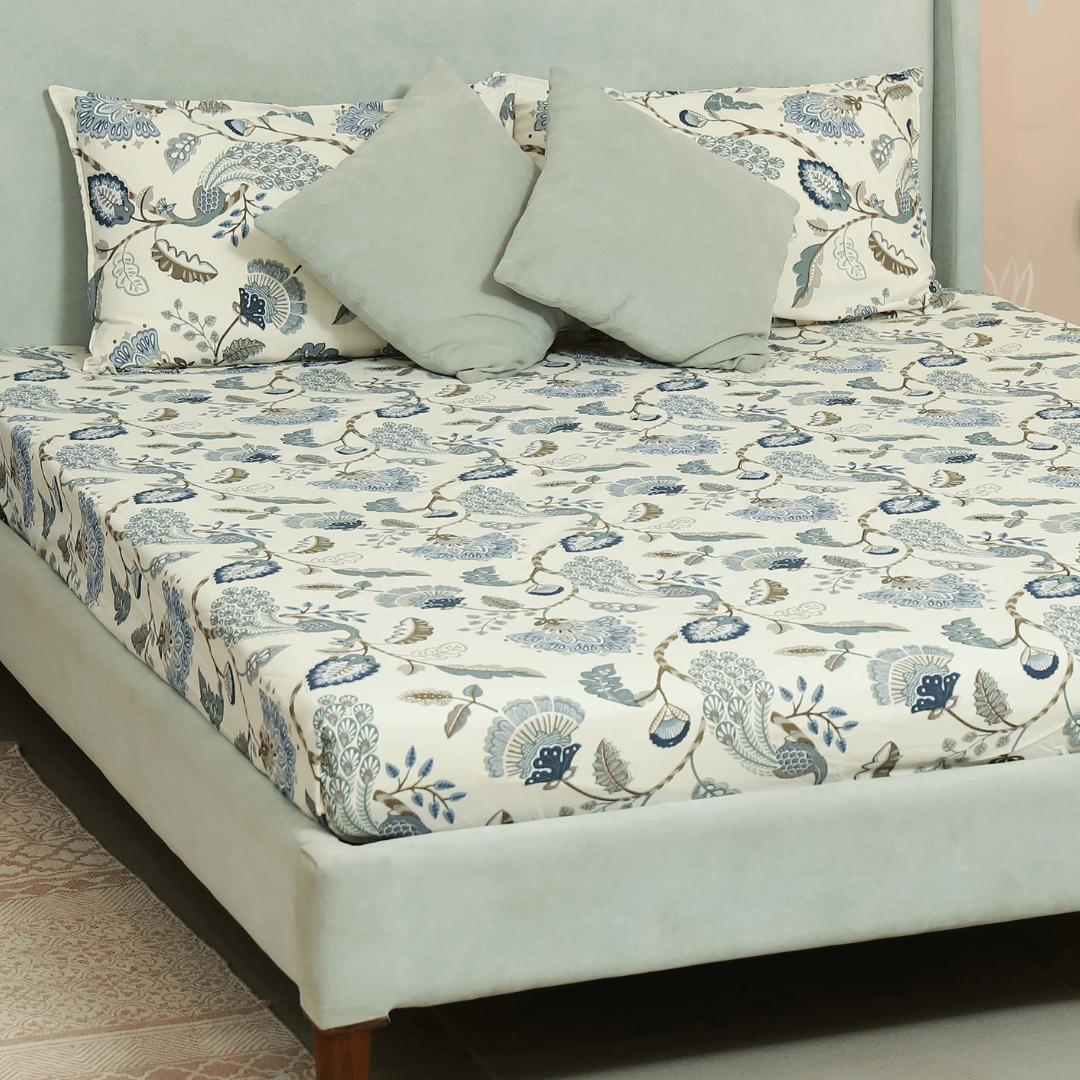 Tropical Printed Cotton Elastic King Size Bedsheet - Peacock