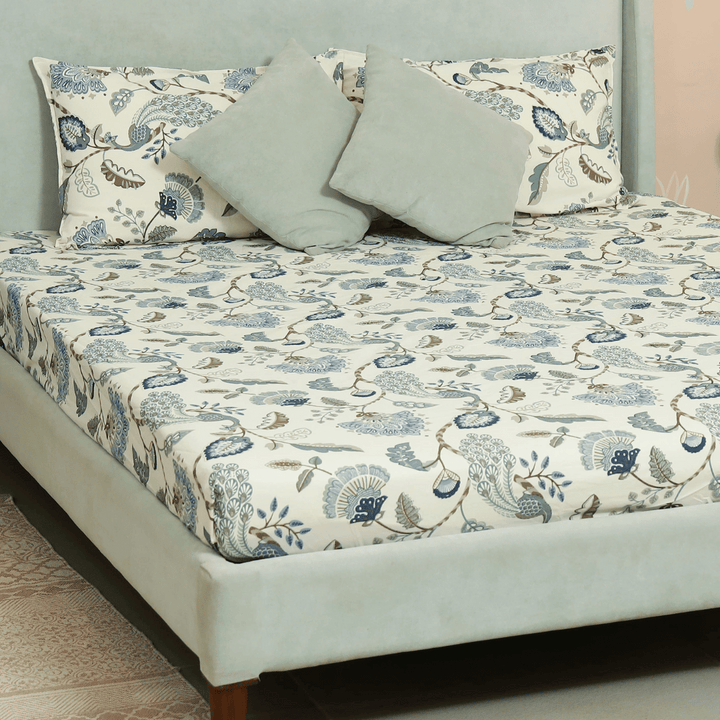 Tropical Printed Cotton Elastic King Size Bedsheet - Peacock