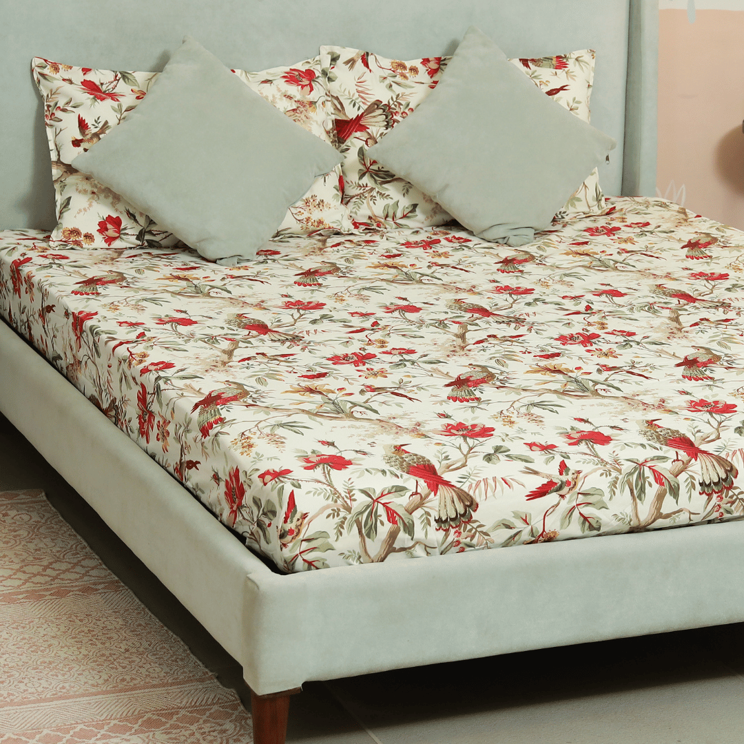 Tropical All Over Printed Cotton Elastic King Size Bedsheet - Red Bird