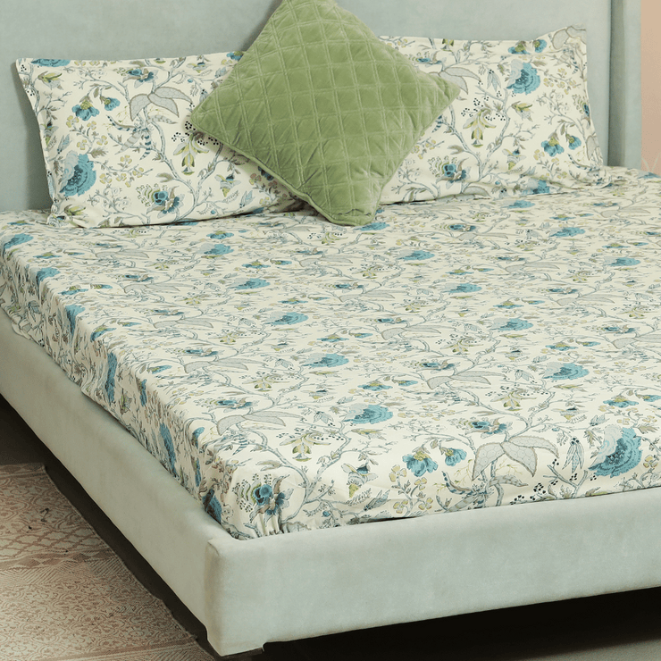 Tropical All Over Printed Cotton Elastic King Size Bedsheet - Sky Blue