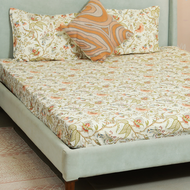 Tropical All Over Printed Cotton Elastic King Size Bedsheet - Peach