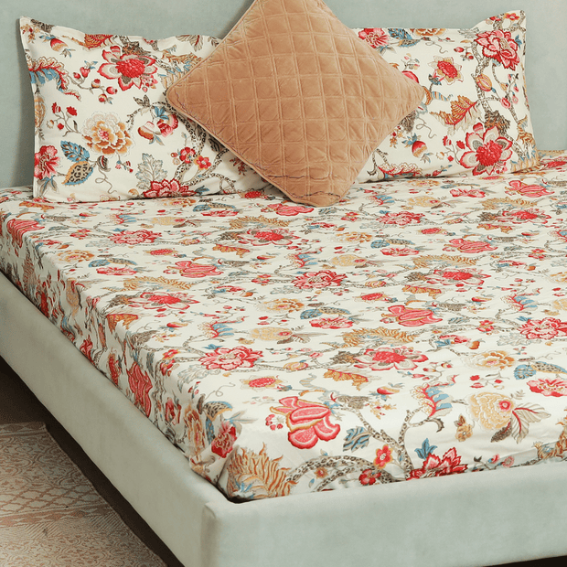 Tropical All Over Printed Cotton Elastic King Size Bedsheet - Red