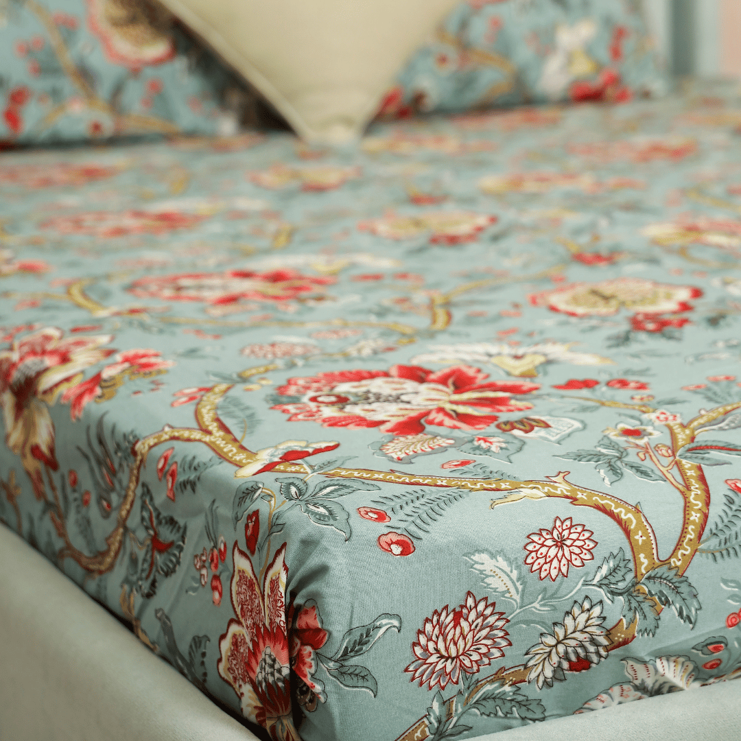 Tropical All Over Printed Cotton Elastic King Size Bedsheet - Aqua Green