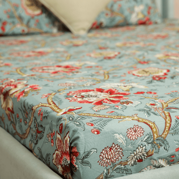 Tropical All Over Printed Cotton Elastic King Size Bedsheet - Aqua Green
