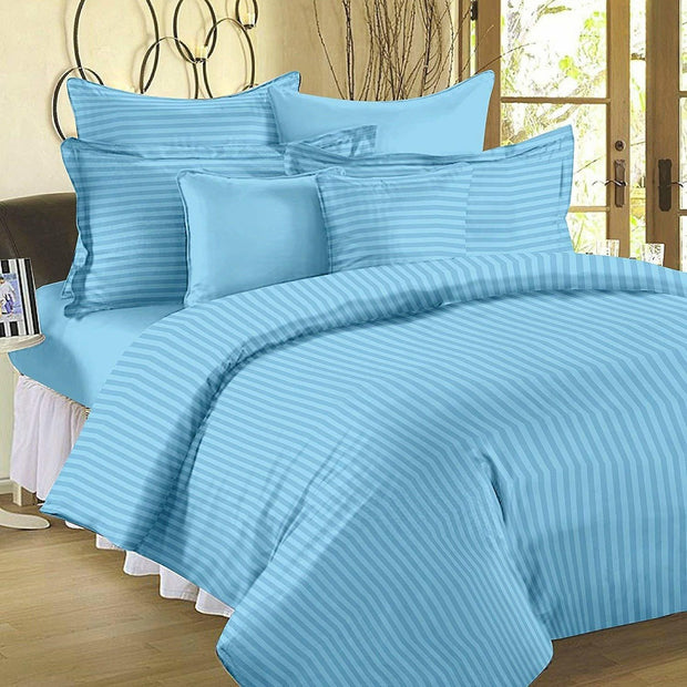 Sky Blue Stripes Cotton Blend Elastic Fitted King Bedsheet