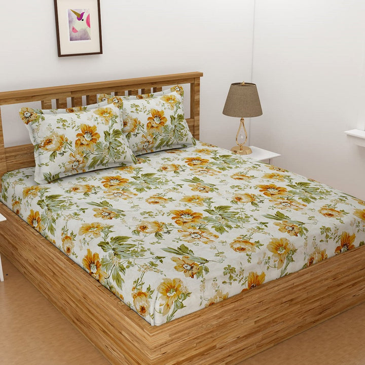 Summer Floral Cotton Blend Elastic Fitted King Bedsheet