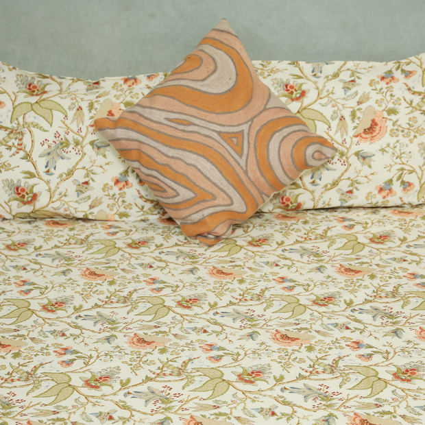 Tropical All Over Printed Cotton Elastic King Size Bedsheet - Peach
