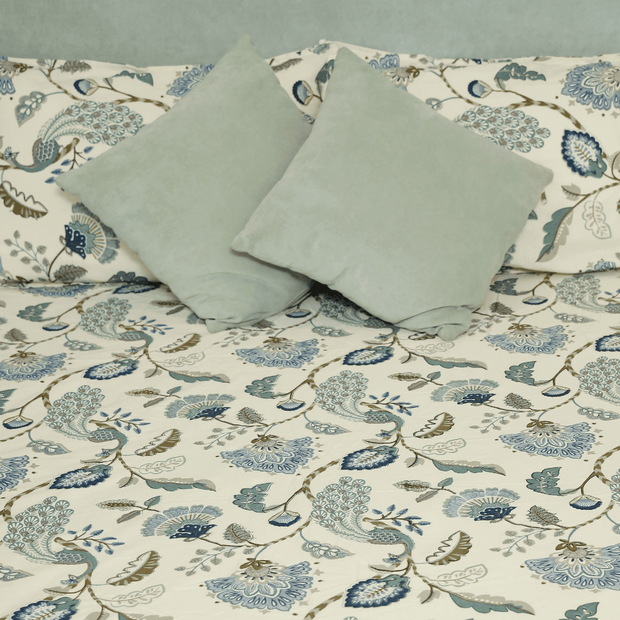 Tropical Printed Cotton Elastic King Size Bedsheet - Peacock
