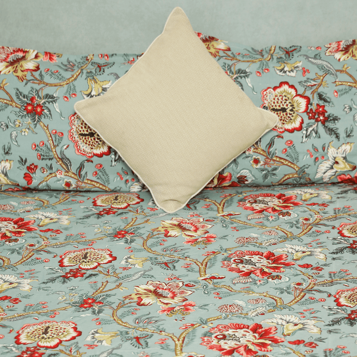 Tropical All Over Printed Cotton Elastic King Size Bedsheet - Aqua Green