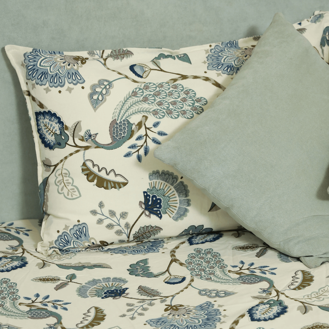 Tropical Printed Cotton Elastic King Size Bedsheet - Peacock