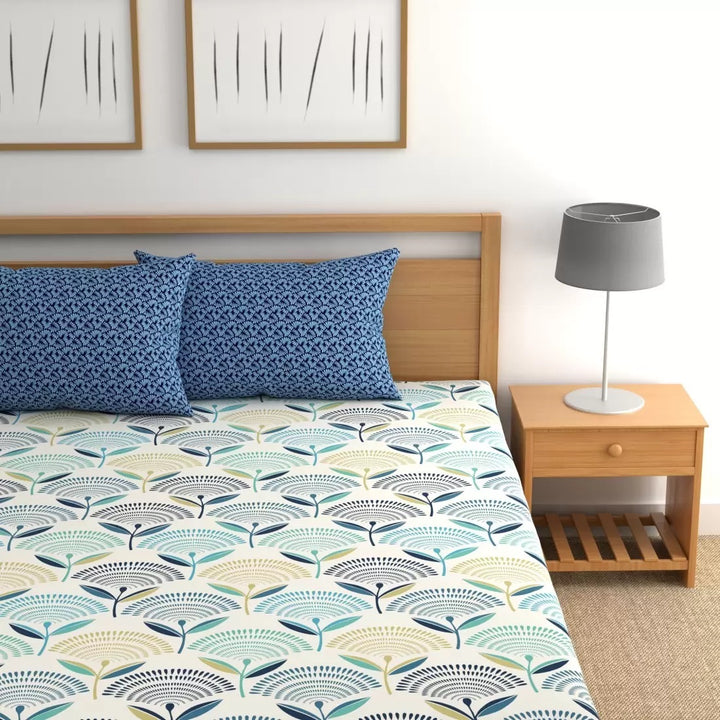 Peacock Blue Elastic Fitted Cotton Blend King Bedsheet