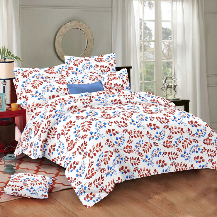 Red Blue Leafy Cotton Double Bedsheet