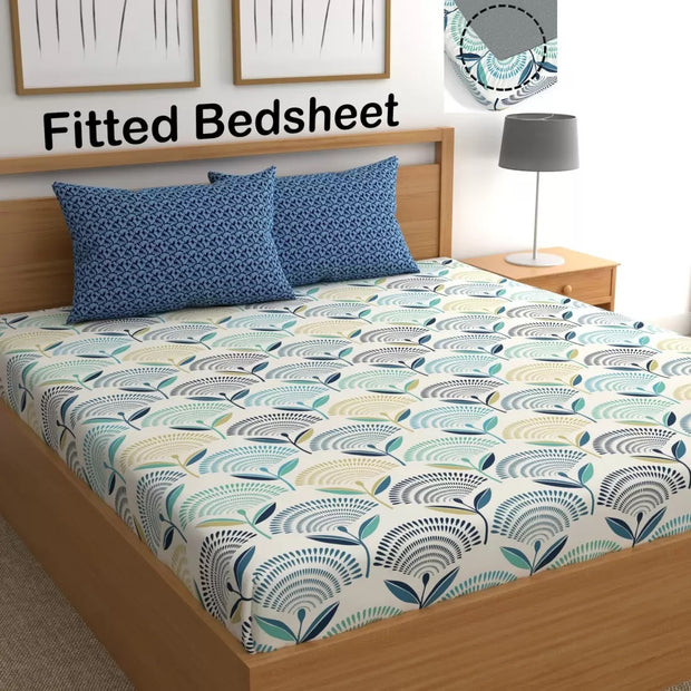 Peacock Blue Elastic Fitted Cotton Blend King Bedsheet