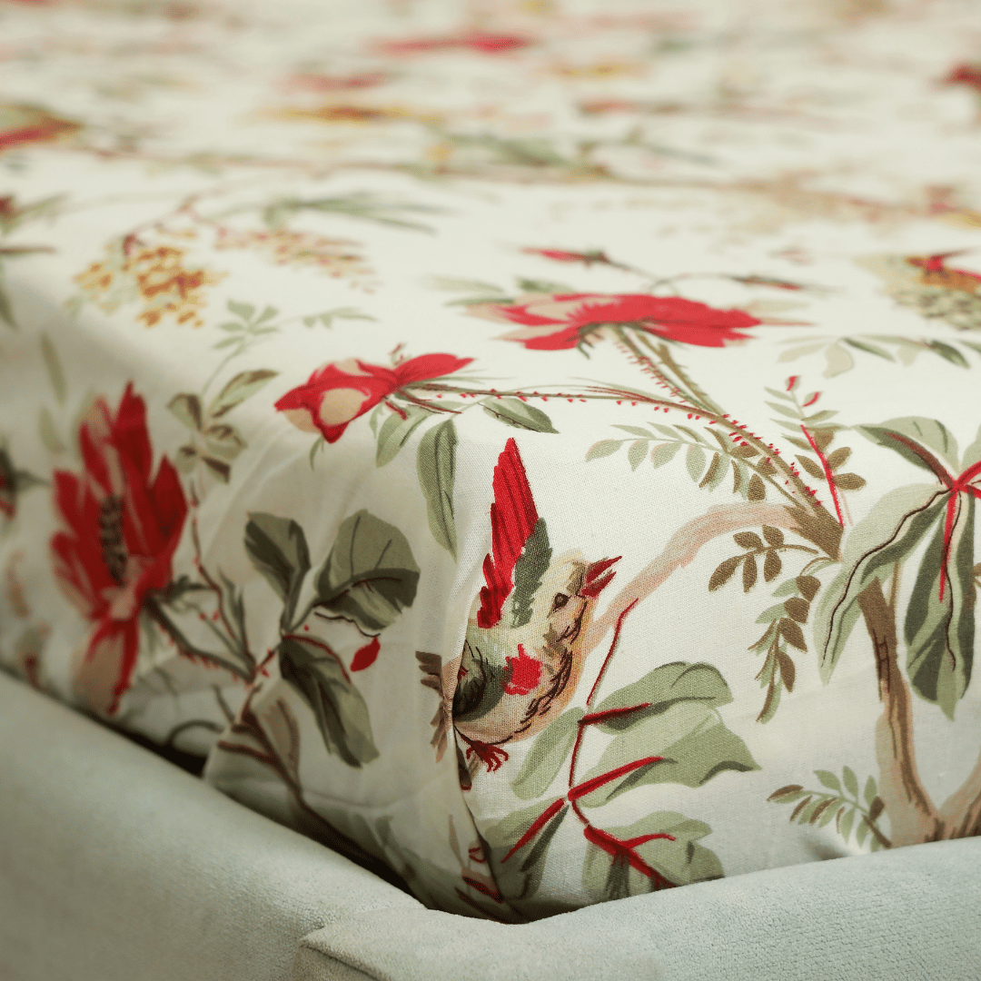Tropical All Over Printed Cotton Elastic King Size Bedsheet - Red Bird