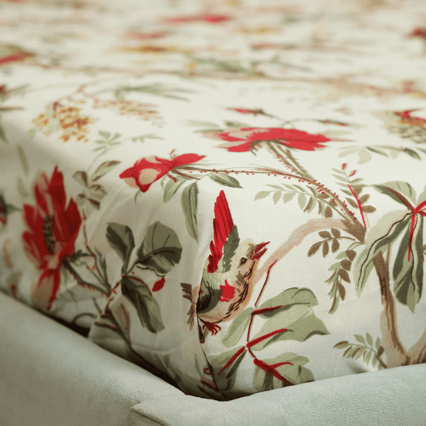 Tropical All Over Printed Cotton Elastic King Size Bedsheet - Red Bird