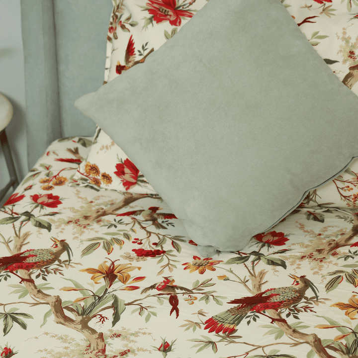 Tropical All Over Printed Cotton Elastic King Size Bedsheet - Red Bird