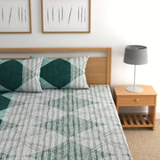 Teal Green Geometric Cotton Blend Elastic Fitted King Bedsheet