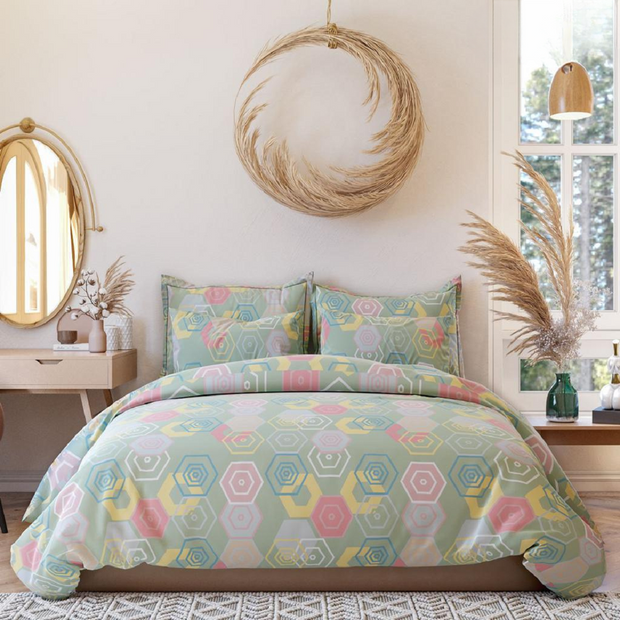 Green Hexagon Cotton Blend Elastic Fitted King Bedsheet