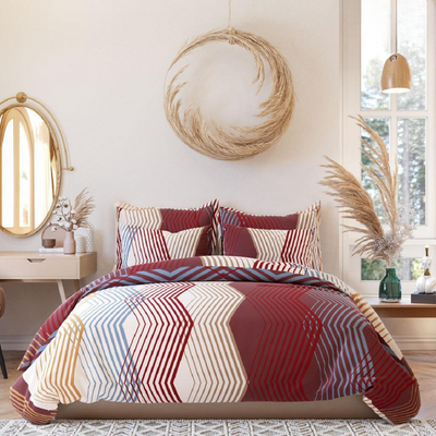 Maroon Geometry Cotton Blend Elastic Fitted King Bedsheet