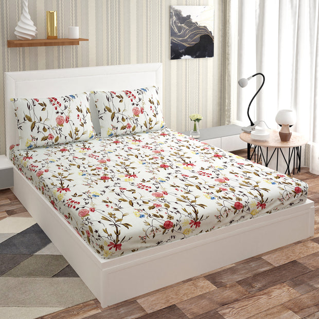 White Lily Cotton Blend Elastic Fitted King Bedsheet