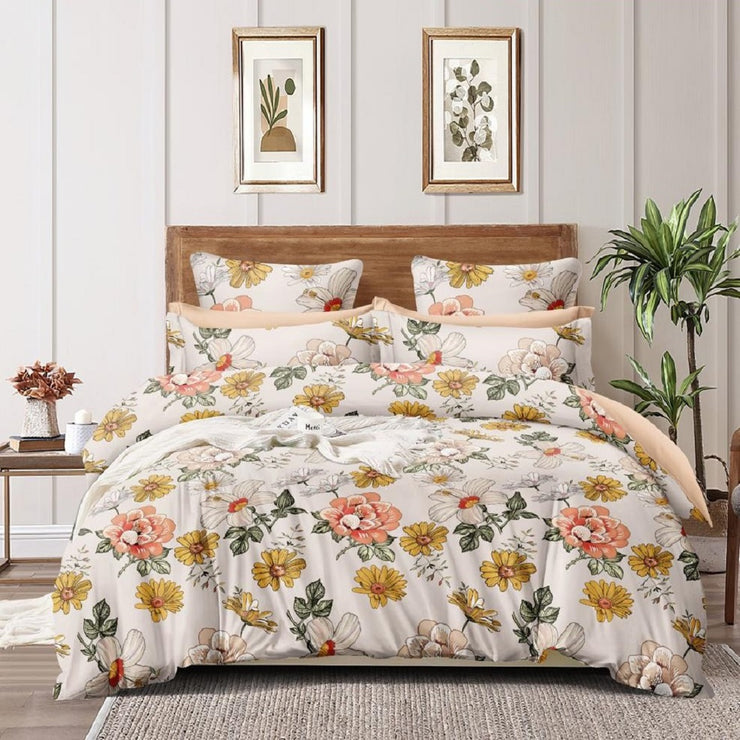 Yellow Lotus Cotton Blend Elastic Fitted King Bedsheet