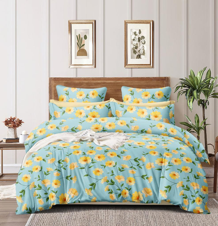 Yellow Aqua Floral Cotton Blend Elastic Fitted King Bedsheet