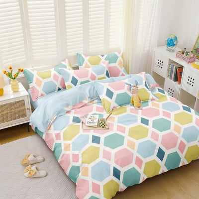 Colorful Hexagon Cotton Blend Elastic Fitted King Bedding Set