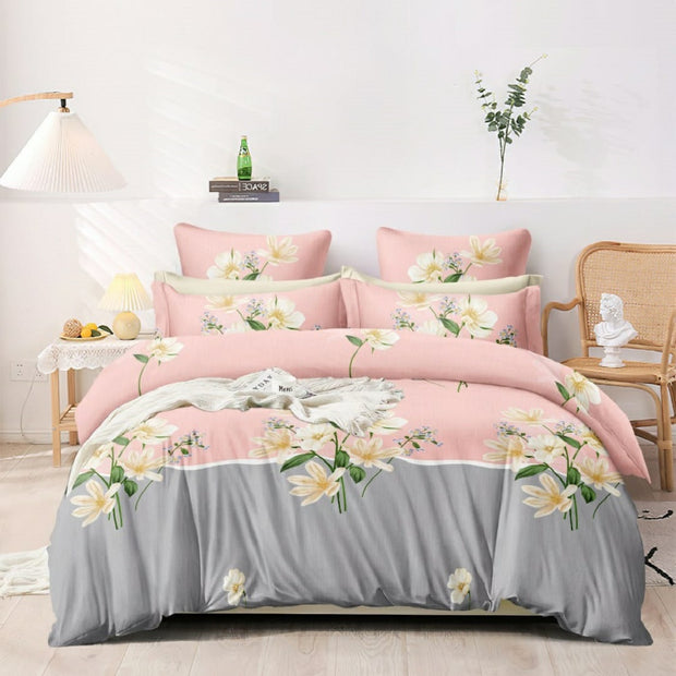 Pink Grey Flowers Cotton Blend Elastic Fitted King Bedsheet