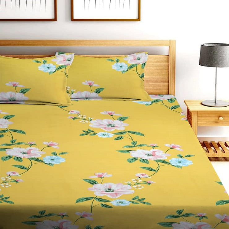 Yellow Floral Cotton Blend Elastic Fitted King Bedsheet