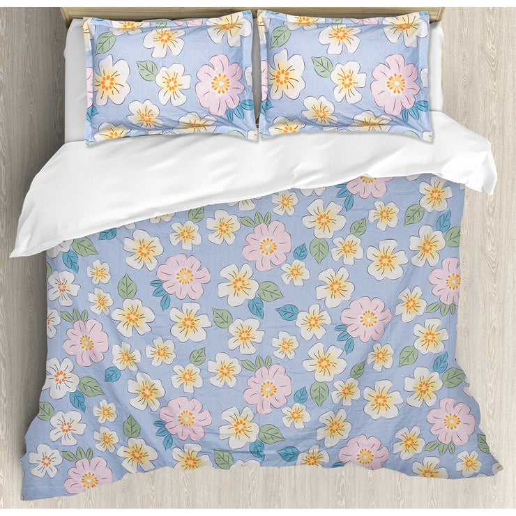 Blue White Flowers Cotton Blend Elastic Fitted Queen Bedsheet