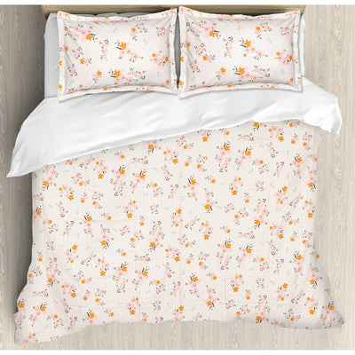 Pink Orange Small Flowers Cotton Blend Elastic Fitted Queen Bedsheet