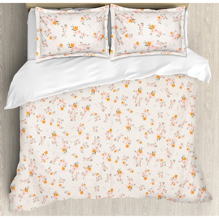 Pink Orange Small Flowers 210 TC Cotton Blend Flat King Bedsheet